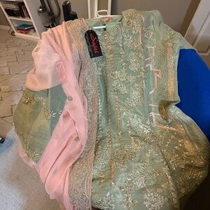 Green and Pink Embroidered Dress